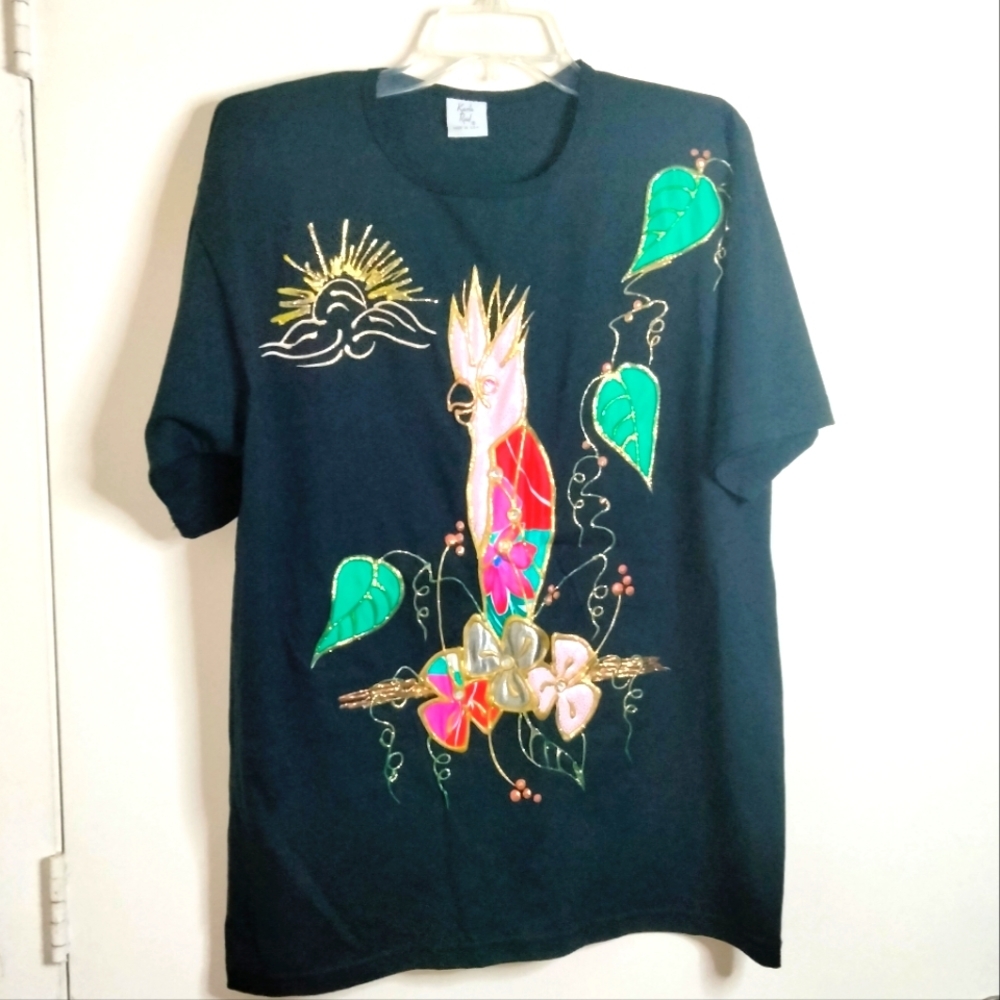 Karla Reid (Size XL ) Vintage 80s Oversized Bird Branch Puff Paint Design Shirt